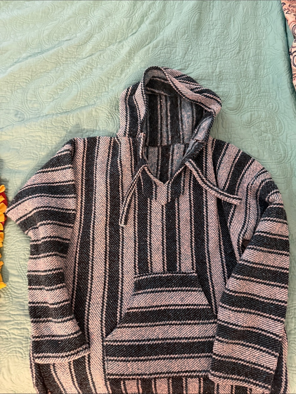 Striped Hooded Baja Sweater - Black & Cream